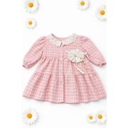 Rochita bebe fetita roz eleganta cu guler dantela si floare decorativa trpb0210
