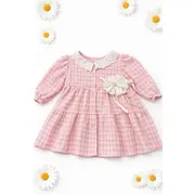 Rochita bebe fetita roz eleganta cu guler dantela si floare decorativa trpb0210