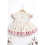 Rochita fetita bumbac ivoire roz inimioare maneca scurta eleganta bebelusi trpb0219