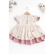 Rochita fetita bumbac ivoire roz inimioare maneca scurta eleganta bebelusi trpb0219