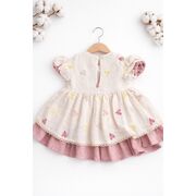 Rochita fetita bumbac ivoire roz inimioare maneca scurta eleganta bebelusi trpb0219