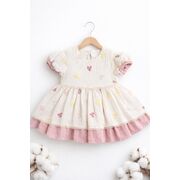 Rochita fetita bumbac ivoire roz inimioare maneca scurta eleganta bebelusi trpb0219