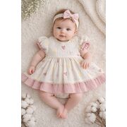 Rochita fetita bumbac ivoire roz inimioare maneca scurta eleganta bebelusi trpb0219