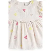 Rochita fetita bumbac ivoire roz inimioare maneca scurta eleganta bebelusi trpb0219