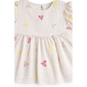 Rochita fetita bumbac ivoire roz inimioare maneca scurta eleganta bebelusi trpb0219