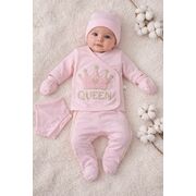 Set bebe fetita 5 piese roz queen bumbac bluza pantaloni caciula bavetica elegant trpb0216