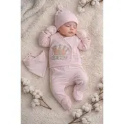 Set bebe fetita 5 piese roz queen bumbac bluza petrecuta pantaloni caciula bavetica trpb0217