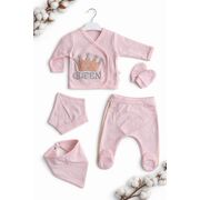 Set bebe fetita 5 piese roz queen bumbac bluza petrecuta pantaloni caciula bavetica trpb0217
