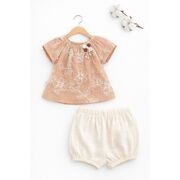 Set bebelusi fetita bluza maro cu broderie florala pantaloni scurti crem vara elegant trpb0225