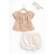 Set bebelusi fetita bluza maro cu broderie florala pantaloni scurti crem vara elegant trpb0225