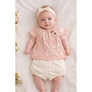 Set bebelusi fetita bluza roz cu broderie florala pantaloni scurti crem vara premium trpb0224