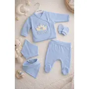 Set nou nascut baiat 5 piese albastru bumbac king bluza pantaloni caciulita trpb0199