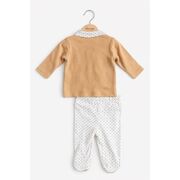 Set nou nascut baiat 5 piese bumbac bej alb elegant bluza pantaloni caciulita baveta trpb0204