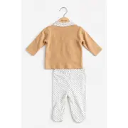 Set nou nascut baiat 5 piese bumbac bej alb elegant bluza pantaloni caciulita baveta trpb0204