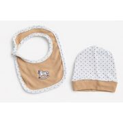 Set nou nascut baiat 5 piese bumbac bej alb elegant bluza pantaloni caciulita baveta trpb0204