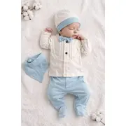 Set nou nascut baiat 5 piese elegant bumbac camasa pantaloni caciulita baveta trpb0202