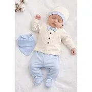 Set nou nascut baiat 5 piese elegant bumbac ivory bleu bluza papion pantaloni caciula trpb0203
