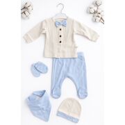 Set nou nascut baiat 5 piese elegant bumbac ivory bleu bluza papion pantaloni caciula trpb0203