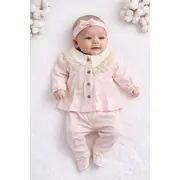 Set nou nascut fetita 3 piese roz bumbac elegant bluza cu dantela pantaloni cu botosei trpb0205