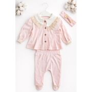Set nou nascut fetita 3 piese roz bumbac elegant bluza cu dantela pantaloni cu botosei trpb0205