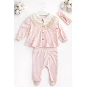 Set nou nascut fetita 3 piese roz bumbac elegant bluza cu dantela pantaloni cu botosei trpb0205