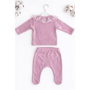 Set nou nascut fetita 5 piese lila bumbac dantela funda bluza pantaloni caciulita trpb0200
