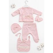 Set nou nascut fetita 5 piese roz bumbac bluza petrecuta pantaloni caciula bavetica trpb0218