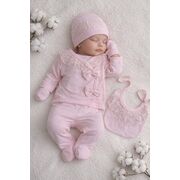 Set nou nascut fetita 5 piese roz bumbac elegant dantela bluza pantaloni caciula baveta trpb0206