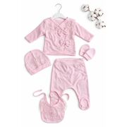 Set nou nascut fetita 5 piese roz bumbac elegant dantela bluza pantaloni caciula baveta trpb0206