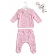 Set nou nascut fetita 5 piese roz bumbac elegant dantela bluza pantaloni caciula baveta trpb0206