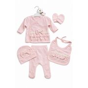 Set nou nascut fetita roz 5 piese bumbac elegant bluza pantaloni caciula baveta trpb0207