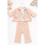 Set bebe fete 3 piese piersica jacheta bluza cu imprimeu si pantaloni tram2202-11