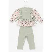 Set fete 2 piese verde pastel bluza cu volane pantaloni rib casual tram2202
