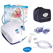 Aparat aerosoli cu compresor Sanity  Inhaler Simple, MMad 2.44 &mu;m, compact si dimensiuni reduse, geanta de transport, alb BITsanitysimpleinhaler