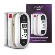 Tensiometru electronic de brat Vitammy Next 9, mufa USB, detectare aritmie, manseta integrata 23-36 cm, 120 seturi de memorie, Alb Auriu BITVitammyNext9