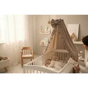 Baldachin, MimiNu, Pentru patut, Cu funda si volanas, 210x145 cm, Material certificat Oeko Tex Standard 100, Colectia Royal, Mocha BYN6426972031011