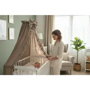 Baldachin, MimiNu, Pentru patut, Cu funda si volanas, 210x145 cm, Material certificat Oeko Tex Standard 100, Colectia Royal, Mocha BYN6426972031011