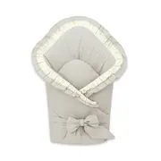 Paturica de infasat, MimiNu, Cu volanase si dantela, Cu multiple utilizari, Cu inchidere cu panglica, Dimensiune 75x75 cm, Din bumbac certificat Oeko Tex Standard 100, Beige BYN6426972031448