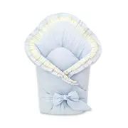 Paturica de infasat, MimiNu, Cu volanase si dantela, Cu multiple utilizari, Cu inchidere cu panglica, Dimensiune 75x75 cm, Din bumbac certificat Oeko Tex Standard 100, Blue BYN6426972031424