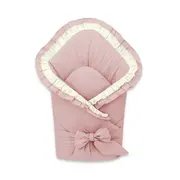 Paturica de infasat, MimiNu, Cu volanase si dantela, Cu multiple utilizari, Cu inchidere cu panglica, Dimensiune 75x75 cm, Din bumbac certificat Oeko Tex Standard 100, Powder Pink BYN6426972031417