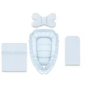 Set 4 in 1 Cosulet bebelus, MimiNu, Baby Cocoon 75x55 cm, Cu volanase, Husa bumbac, Din bumbac certificat Oeko Tex Standard 100, Cu paturica cu volanase 50x70 cm, Cu salteluta, Cu perna fluture, Colectia Royal, Blue BYN6426972030960