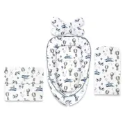 Set 4 in 1 Cosulet bebelus, MimiNu, Baby Cocoon 75x55 cm, Husa bumbac, Din bumbac certificat Oeko Tex Standard 100, Cu paturica 50x70 cm, Cu salteluta, Cu perna fluture, Blue Plane BYN6426972031165