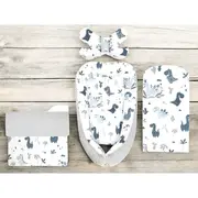 Set 4 in 1 Cosulet bebelus, MimiNu, Baby Cocoon 75x55 cm, Husa bumbac, Din bumbac certificat Oeko Tex Standard 100, Cu paturica 50x70 cm, Cu salteluta, Cu perna fluture, Dino Granat BYN6426972031202