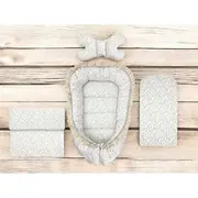 Set 4 in 1 Cosulet bebelus, MimiNu, Premium, Baby Cocoon 75x55 cm, Cu volanase si dantela, Din bumbac certificat Oeko Tex Standard 100, Cu paturica, Salteluta si perna fluture, Meadow BYN6426972031325