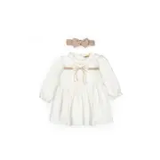 Set rochita cu bentita, Bow, BabyCosy, 100%bumbac organic, Stone (Marime: 12-18 Luni) JEMBC-CSY8161-12