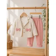 Costumas elegant fetita cu sacou crem, pantaloni roz si bluzita - confort si stil bnb7