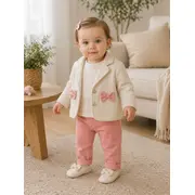 Costumas elegant fetita cu sacou crem, pantaloni roz si bluzita - confort si stil bnb7