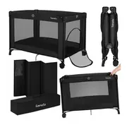 Patut pliant, Lionelo, Amelie, Cu intrare laterala, 100.5&times;70.5 cm, Include salteluta, roti, geanta pentru transport, Constructie usoara- 7 kg, Cadru stabil din otel, Negru BYNLO-AMELIE_BLACK_CARBON