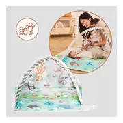 Salteluta interactiva, Lionelo, Anika, 8 jucarii senzoriale, detasabile, fosnaitoare, logopedice, Lavabila la masina, Husa din bambus, 116x112 cm, Multicolor BYNLO-ANIKA_NATURAL