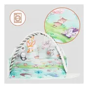 Salteluta interactiva, Lionelo, Anika, 8 jucarii senzoriale, detasabile, fosnaitoare, logopedice, Lavabila la masina, Husa din bambus, 116x112 cm, Multicolor BYNLO-ANIKA_NATURAL